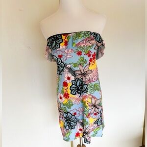 Blue Floral Strapless Dress. Size XS